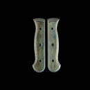Two Messermeister Custom Indigo Mod Kit Handles (Medium), made of repurposed wood with three holes each, are placed side by side on a black background.
