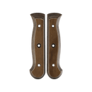 Two brown Messermeister Custom Russet Mod Kit Handles (Medium) with curved edges and four holes each are displayed side by side on a white background, highlighting Messermeister’s stylish and eco-friendly knife handle option.