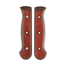 Two Messermeister Custom Terra Mod Kit Handles (Large), crafted from repurposed wood with a reddish-brown finish and four holes each, shown side by side on white—ideal for sustainable knife handle projects.