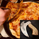 A person slices a pepperoni pizza with the Texan Knives Axe Pizza Cutter—custom hand-engraved, featuring a J2 steel blade—while a close-up of the knife is displayed in the corner.