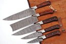 The Texan Knives Best Japanese Cutlery Set features a 13" handmade Damascus chef knife with a bone and rosewood handle, showcasing distinctive wavy patterns and including a leather sheath for premium quality and style.