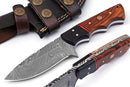 Two Texan Knives Custom Handmade Damascus Skinner Knives, each with a 4.5" patterned blade and buffalo horn & rosewood handle, are displayed beside a leather sheath with decorative brass buttons.