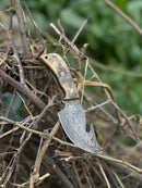 A Texan Knives Custom Handmade Damascus Steel Guthook Skinning Knife with a sheep horn handle is lodged in dry branches outdoors, green foliage softly blurred in the background. Includes 7.5" blade and leather sheath—a perfect hunting gift.