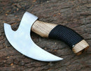 The Texan Knives Ax Pizza Cutter features a razor-sharp J2 steel blade with a unique hooked, crescent edge and an engraved ash wood handle, finished with a black textured grip—custom handcrafted for precision pizza slicing.