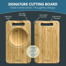 NULU Signature Cutting Board: Solid Construction. Thoughtful Design. Experience the functionality of a no-slip cutting board, expertly crafted by NULU Inc. from premium wood for your kitchen needs. This set includes two bamboo boards—one with an integrated mincing bowl on one side and a plain surface on the other. Features include secure no-slip footings, rounded corners, and an ergonomic handle for comfortable use.
