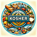 A vibrant illustration of kosher foods—bread, cheese, olive oil, fruits, wine, and Taycte Famiglia Crispino Sun-Dried Tomato Antipasto — Italian Marinated in Olive Oil—arranged around a KOSHER label with Hebrew text.
