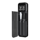 The DDR BBQ Supply Dual Sensor Wireless Meat Thermometer with 2 Thin Meat Probes by DDR BBQ Supply is a sleek black electronic device featuring a digital display and a transparent, partially open lid, which securely holds three stylus-like probes. Utilizing advanced dual sensor technology, this thermometer ensures precise temperature monitoring for your grilling needs.