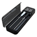 A sleek, black electronic tool kit from DDR BBQ Supply features a transparent lid, digital display, and four organized slots containing metallic and black-handled tools—perfect for storing accessories such as the DDR BBQ Supply Dual Sensor Wireless Meat Thermometer with 2 Thin Meat Probes—neatly arranged inside the case.