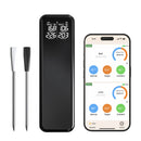 The DDR BBQ Supply Dual Sensor Wireless Meat Thermometer with 2 Thin Meat Probes by DDR BBQ Supply features dual metal probes, a black digital display unit showing temperature readings, and a smartphone displaying the Bluetooth thermometer app with temperature and timer details for beef and lamb.