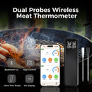 The DDR BBQ Supply Dual Sensor Wireless Meat Thermometer with 2 Thin Meat Probes by DDR BBQ Supply is pictured next to a smartphone running a cooking app, highlighting icons for Bluetooth, app control, display, and ultra-thin probes—set against a grill background with skewered meat. This Bluetooth thermometer ensures accurate temperature monitoring via its dual sensor design from DDR BBQ Supply for perfectly cooked results every time.