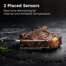 A DDR BBQ Supply Dual Sensor Wireless Meat Thermometer with 2 Thin Meat Probes inserted into a grilled steak, displaying both labeled internal and ambient temperature sensors, with white explanatory text set against a dark background.
