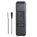 The DDR BBQ Supply Dual Sensor Wireless Meat Thermometer by DDR BBQ Supply features advanced dual sensor technology and comes with two thin metal meat probes—one with a white handle and one with a black handle—placed beside the sleek black and gray main unit, which displays instructional text and certification labels on the back.
