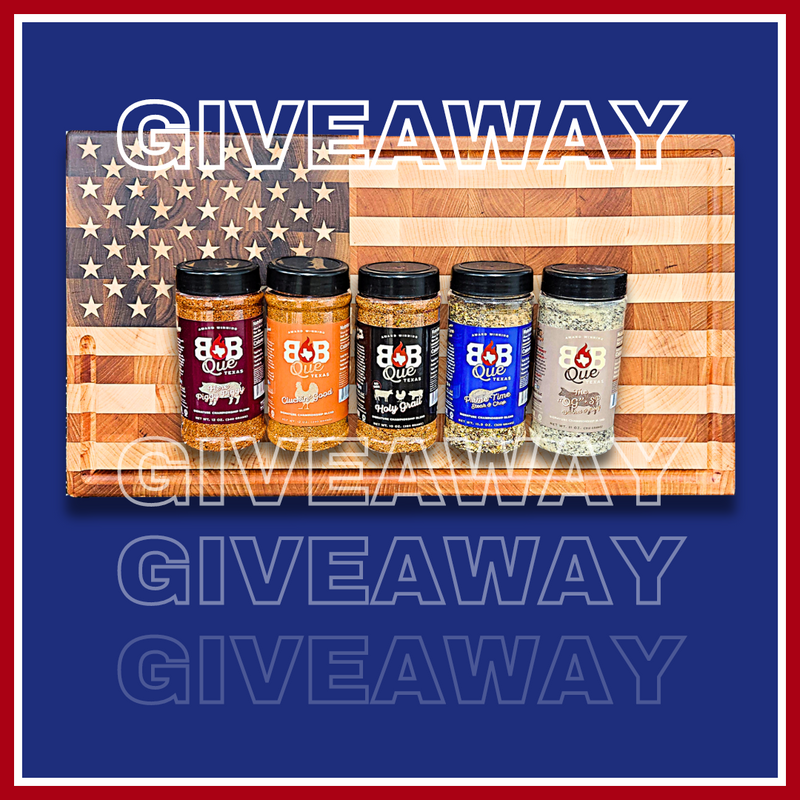 Five spice bottles on an American flag cutting board with giveaway text