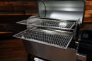 Two stainless steel Pimp My Grill® Gen2 Slide-Out Rack System - 2 Racks extend from an open Traeger Ironwood XL pellet grill as part of its multi-level cooking platform.