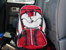 Blue Seventy Two Ultimate Tactical 3 Day Emergency Kit For Preppers red and white backpack with multiple zippered pockets and black webbed straps sitting on a vehicle seat.