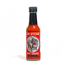 A bottle of California Hot Sauce Solutions CHSS Sir Atcha Hot Sauce—a bold, fermented hot sauce made with Fresno peppers by California Hot Sauce Solutions—features a label depicting a chicken dressed as a knight with a shield and sword. The red, white, and black label indicates it contains 5 fl oz (147 ml).