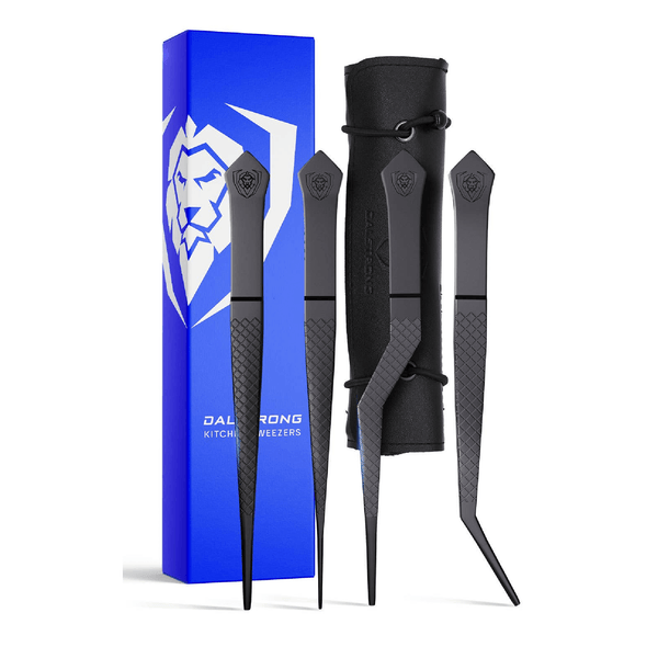 Dalstrong 4-piece black titanium plating tweezers set with leather sheath