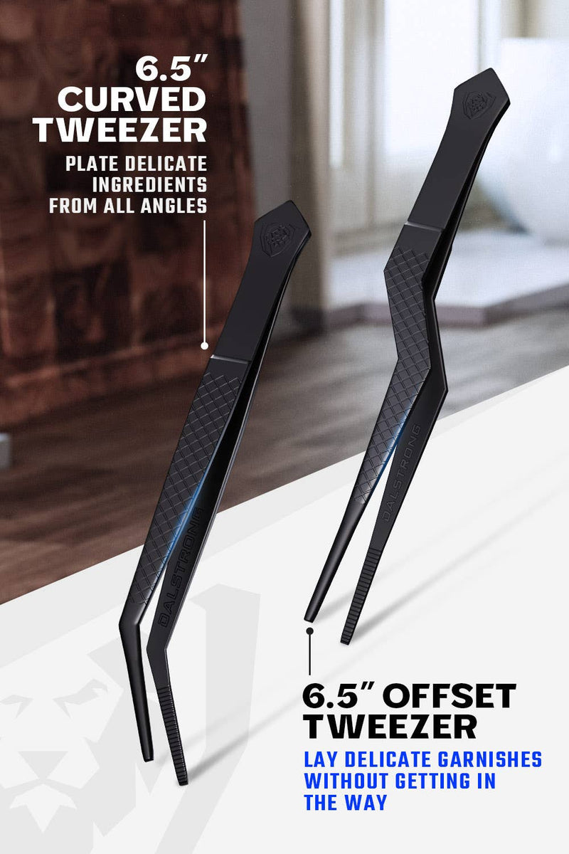 Dalstrong 4-piece black titanium plating tweezers set with leather sheath with anti slip tips and textured handles