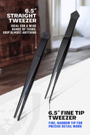 Dalstrong 4-piece black titanium plating tweezers set with leather sheath with anti slip tips and textured handles