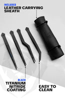 Dalstrong 4-piece black titanium plating tweezers set with leather sheath with anti slip tips and textured handles for competition bbq