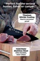 Dalstrong Night Shark 8" Chef’s Knife – NSF Certified Titanium-Coated Chef Knife for Pro & Home Cooks handle close up cutting meat