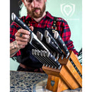 Dalstrong Gladiator Series 12-Piece Knife Block Set with German steel knives in Manchurian Ash wood block at DDR BBQ Supply