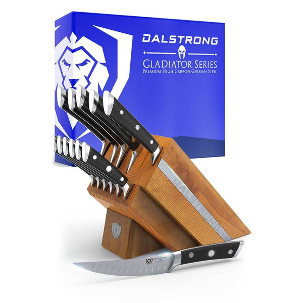 Dalstrong Gladiator Series 12-Piece Knife Block Set with German steel knives in Manchurian Ash wood block at DDR BBQ Supply