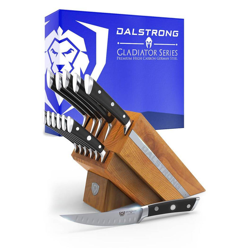 Dalstrong Gladiator Series 12-Piece Knife Block Set with German steel knives in Manchurian Ash wood block at DDR BBQ Supply