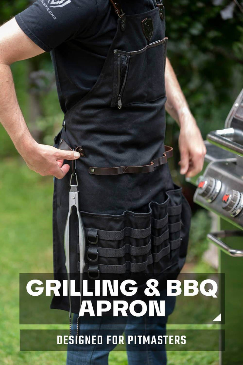 Dalstrong Heavy-Duty Waxed Canvas Pitmaster Apron with leather straps and utility pockets with tools