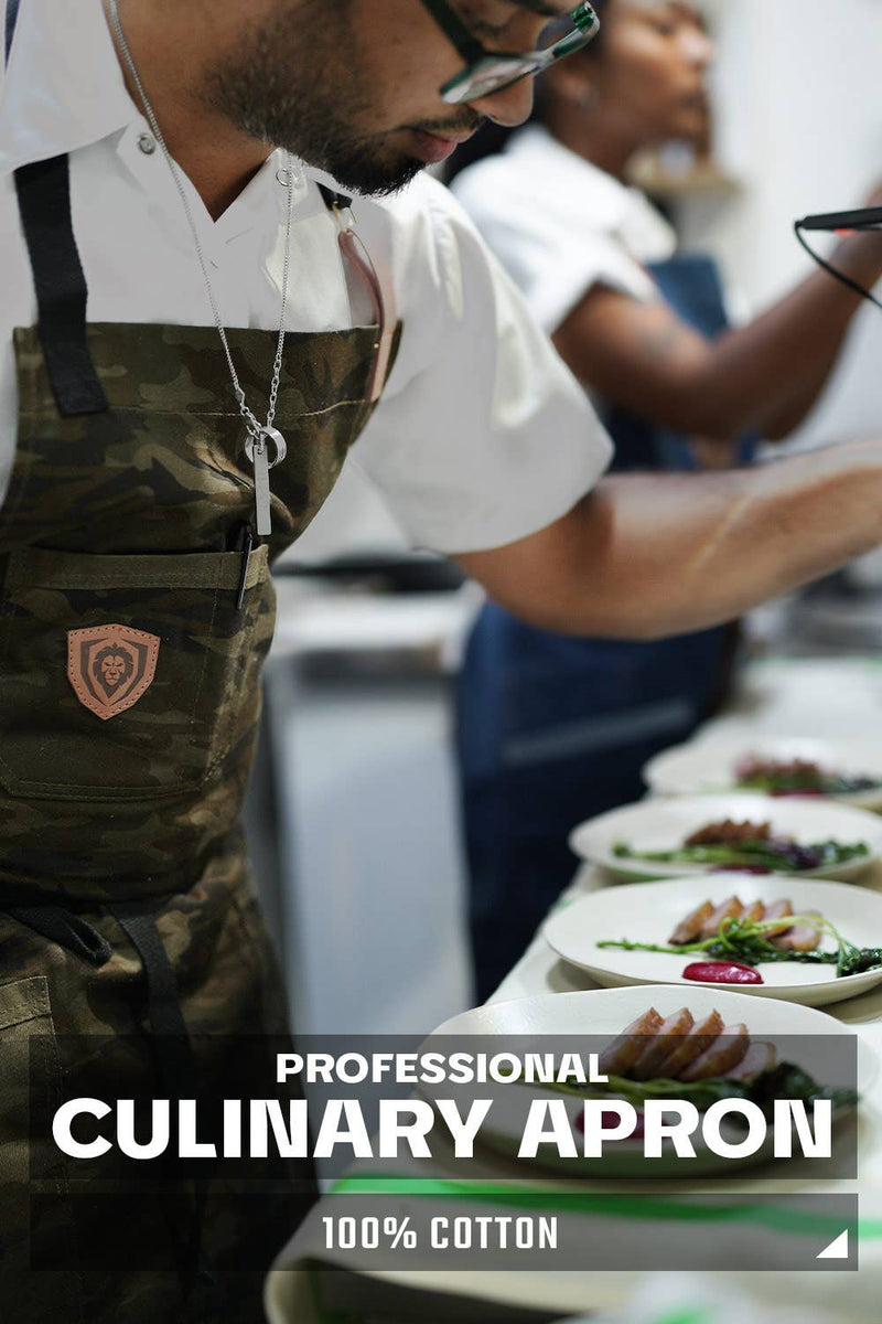 Dalstrong Kitchen Rambo camo apron with adjustable straps and multiple pockets perfect for bbq or grilling at DDR BBQ Supply