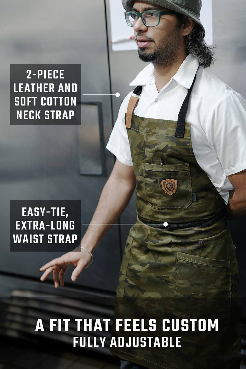 Dalstrong Kitchen Rambo camo apron with adjustable straps and multiple pockets perfect for bbq or grilling at DDR BBQ Supply