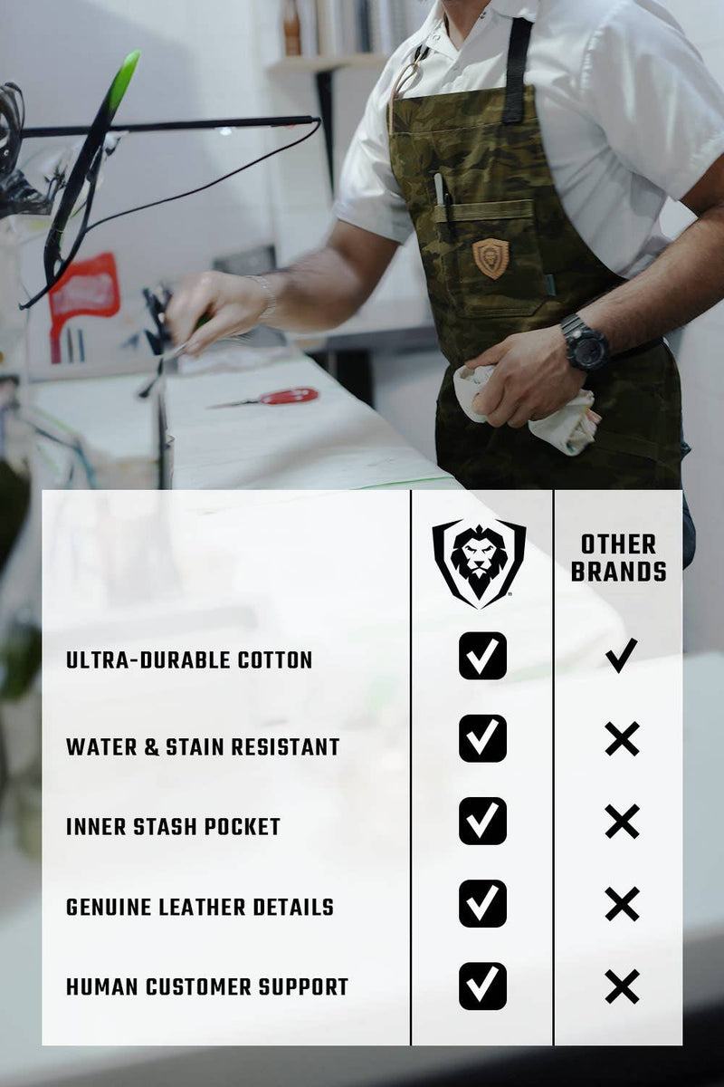Dalstrong Kitchen Rambo camo apron with adjustable straps and multiple pockets perfect for bbq or grilling at DDR BBQ Supply