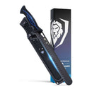 A black and blue brisket slicing knife with a sheath sits before its box featuring a white lion head logo. This unique BBQ tool kit essential is branded DDR BBQ Supply, combining standout design with practicality for grill enthusiasts.
