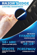 Dalstrong© Curved Boning Knife 6" Night Shark Series for meat lovers who take their craft seriously. Close up of features like titanium coated blade.