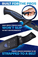 Dalstrong© Curved Boning Knife 6" Night Shark Series for meat lovers who take their craft seriously. Close up of handle and sheath. 