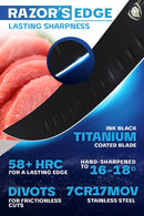 Dalstrong© Butcher Knife 10" Night Shark Series pictured with features of blade.