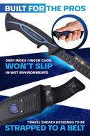 Dalstrong© Butcher Knife 10" Night Shark Series handle close up. and sheath. 