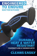 Dalstrong© Butcher Knife 10" Night Shark Series handle close up. 