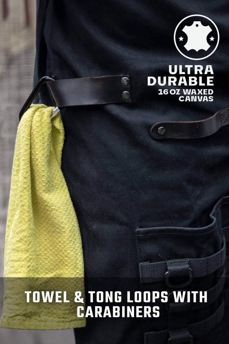 Dalstrong Heavy-Duty Waxed Canvas Pitmaster Apron with leather straps and utility pockets with towel holder
