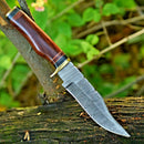 The Texan Knives Damascus Steel Hunting Knife features a 10" blade, brass guard, resin pakkawood handle, and comes with a leather sheath—displayed on a branch with green foliage in the background.