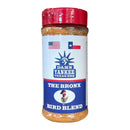 A spice bottle from DDR BBQ Supply's Top 10 Store-Bought BBQ Chicken Rubs Variety Pack features a blue label with American and Texas flags, a red cap, and a cartoon bird in a chef hat—ideal for anyone wanting championship chicken seasonings or enhancing their chicken seasoning collection with authentic BBQ rubs.