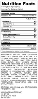 Nutrition Facts label for Millican Pecan Dark Chocolate Caramillicans – Individual Chocolate Caramel Pecan Candy by Millican Pecan, listing calories, fat, cholesterol, sodium, carbohydrates, protein, vitamins, ingredients, allergen information, and manufacturer contact details—perfect for anyone who loves classic turtle candies.