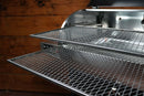 Two stacked, metal Pimp My Grill® Gen2 Slide-Out Rack System grill racks extended from a stainless steel Recteq Deck Boss 590.