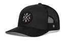 The Haka Hat Delaware Trucker Hat | Black DEL X Snapback features a black mesh build with a circular patch of the white DEL logo and Delaware silhouette—ideal for any fan of stylish trucker hats.