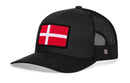 The Haka Hat Denmark Flag Trucker Hat is a black mesh snapback from Haka Hat, featuring a red patch with a white Scandinavian cross, inspired by the Denmark flag, on the front panel.
