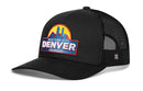 The Haka Hat Denver Mile High City Trucker Hat features a black mesh snapback, a colorful cityscape patch with 3D embroidery, and proudly displays "Mile High City Denver Colorado" on the front.