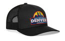 The Haka Hat Denver Mile High City Trucker Hat is a black mesh snapback featuring a colorful 3D-embroidered patch with a skyline and sunset design, plus "Denver Mile High City" text.