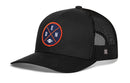 The Haka Hat Denver Trucker Hat in black features a mesh back, snapback closure, and a front patch with orange intersecting lines, letters D-E-N, and a football icon.