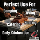 A person slices seasoned meat on a Butcher BBQ Disposable Cutting Board 18″ x 24″ outdoors. Overlaid text lists uses: Camping, RVing, Catering, Hunting, Daily Kitchen Use. The Butcher BBQ logo appears in the bottom right corner, highlighting these disposable cutting boards (30 count) as a versatile solution for all your meat trimming needs.