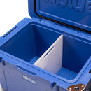 An open blue cooler with a Blue Coolers Sturdy 30Qt Divider Cutting Board For Campers installed in the center.